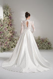 A-Line Queen Anne Long Sleeve Lace Satin Wedding Dress with Court Train