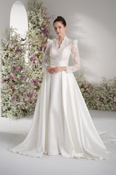 A-Line Queen Anne Long Sleeve Lace Satin Wedding Dress with Court Train