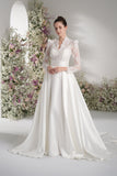 A-Line Queen Anne Long Sleeve Lace Satin Wedding Dress with Court Train