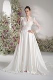 A-Line Queen Anne Long Sleeve Lace Satin Wedding Dress with Court Train