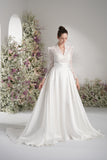 A-Line Queen Anne Long Sleeve Lace Satin Wedding Dress with Court Train