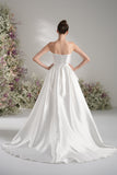 A-Line Sweetheart Sleeveless Lace Pleating Satin Wedding Dress with Court Train