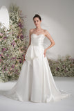 A-Line Sweetheart Sleeveless Lace Pleating Satin Wedding Dress with Court Train