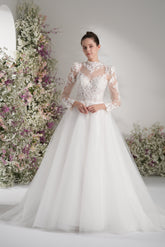 A-line High Neck Long Sleeves Mesh Full Lace Luxury Wedding Dress With Court Train