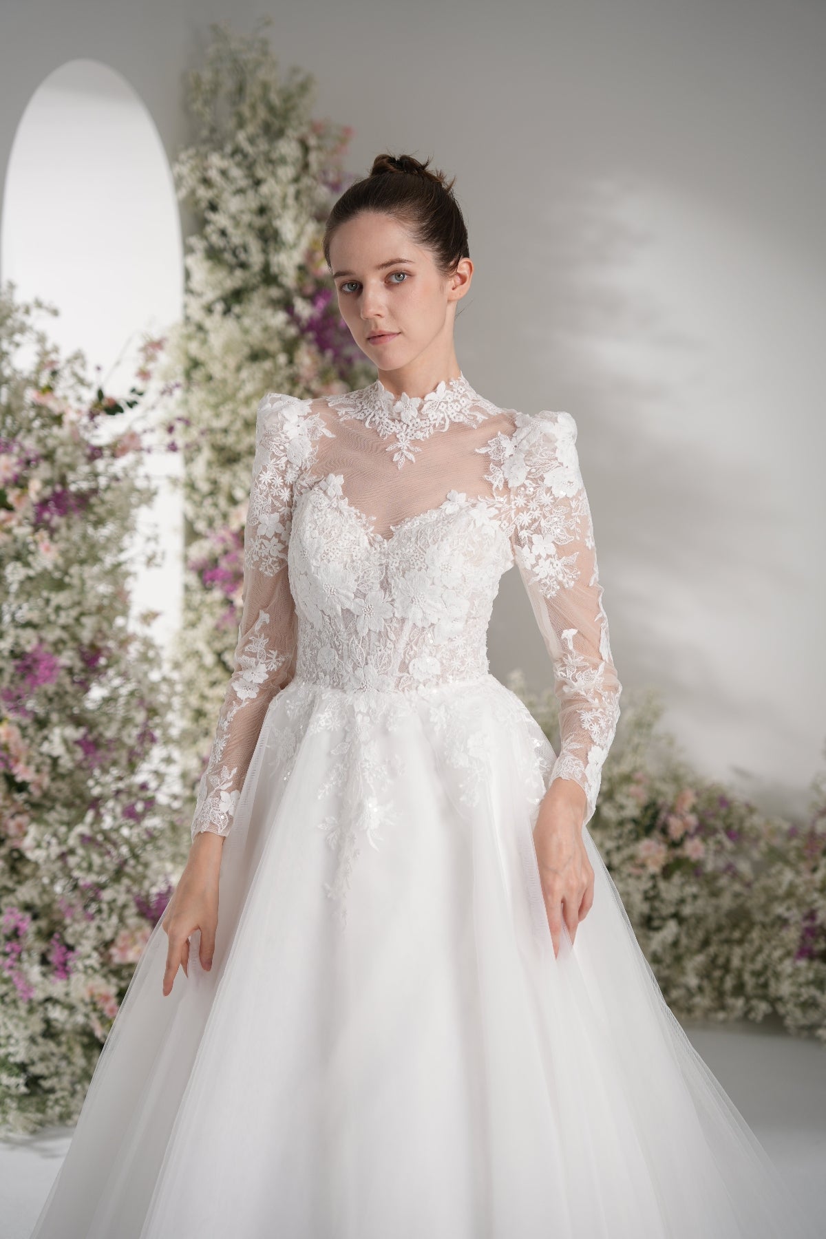A-line High Neck Long Sleeves Mesh Full Lace Luxury Wedding Dress With Court Train
