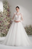 A-line High Neck Long Sleeves Mesh Full Lace Luxury Wedding Dress With Court Train
