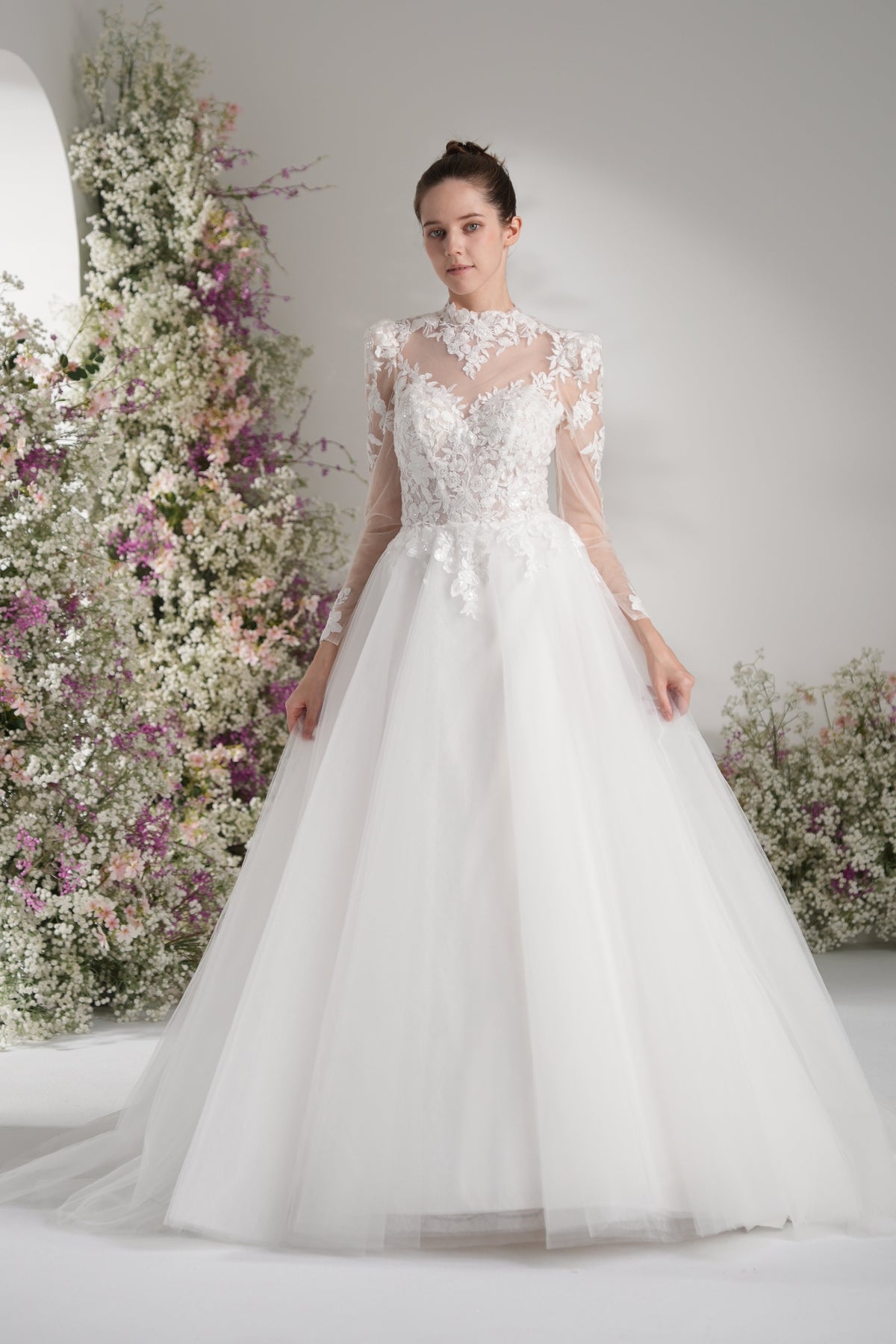 A-line High Neck Long Sleeves Mesh Full Lace Luxury Wedding Dress With Court Train