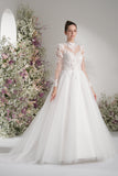 A-line High Neck Long Sleeves Mesh Full Lace Luxury Wedding Dress With Court Train