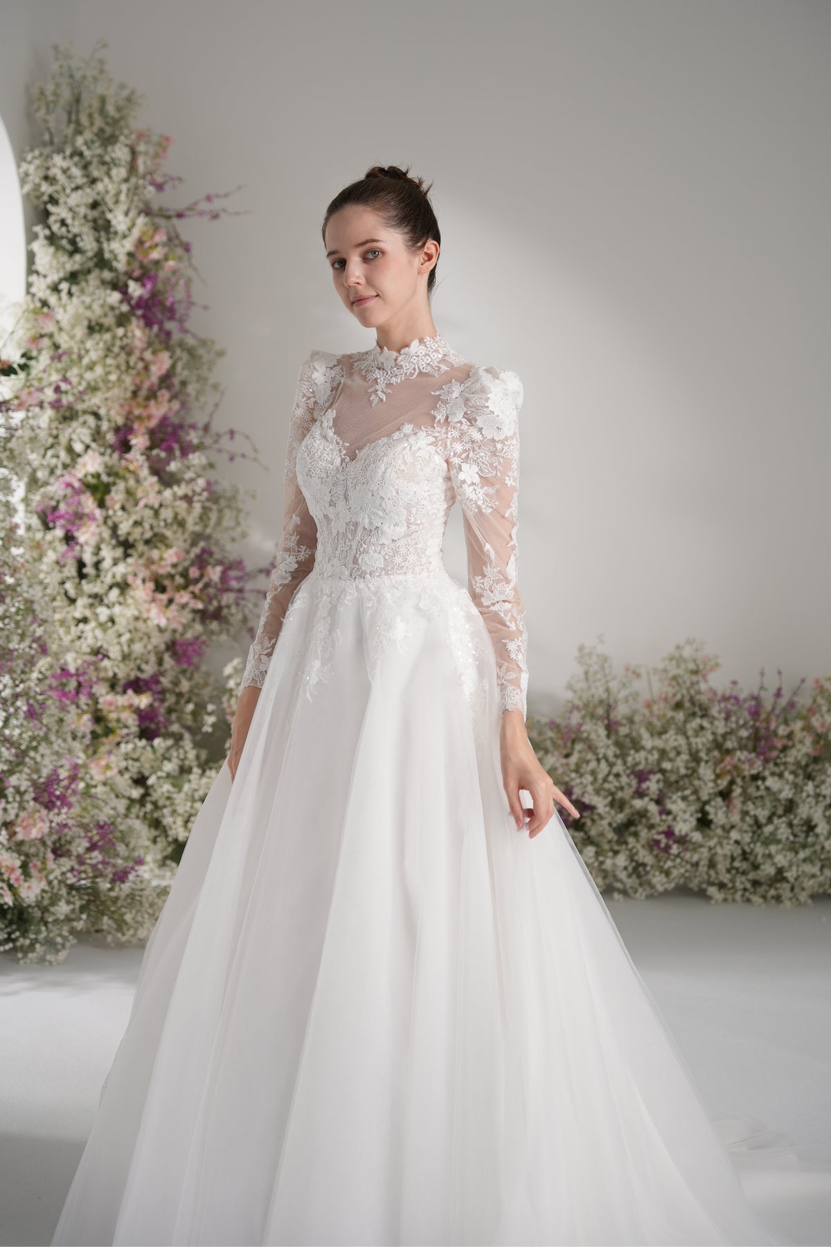 A-line High Neck Long Sleeves Mesh Full Lace Luxury Wedding Dress With Court Train
