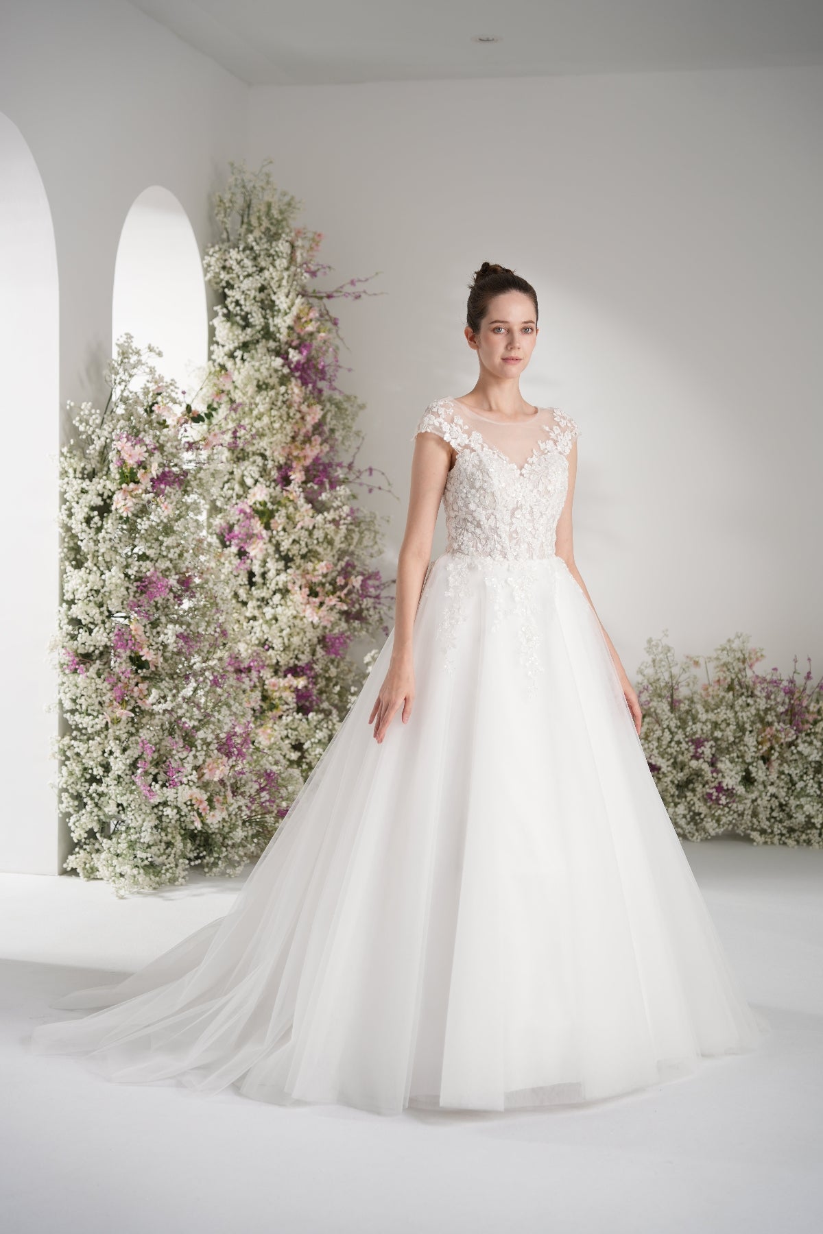 A-line Lllusion Neck Heavy Beading And Full Lace Mesh Elegant Wedding Dress With Court Train