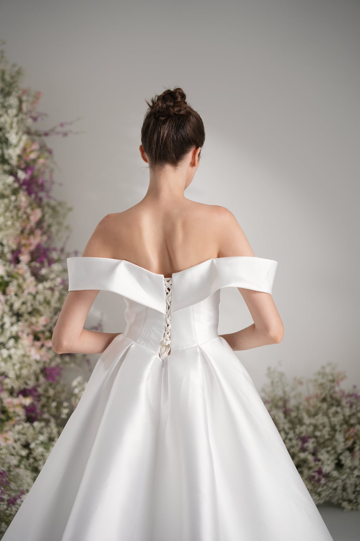 A-line Off-The-shoulder Sleeveless Satin Modest Wedding Dress With Court Train
