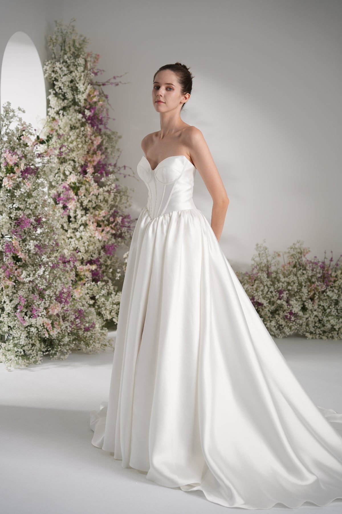 A-line Sweetheart Sleeveless High Slit Satin Modest Wedding Dress With Court Train