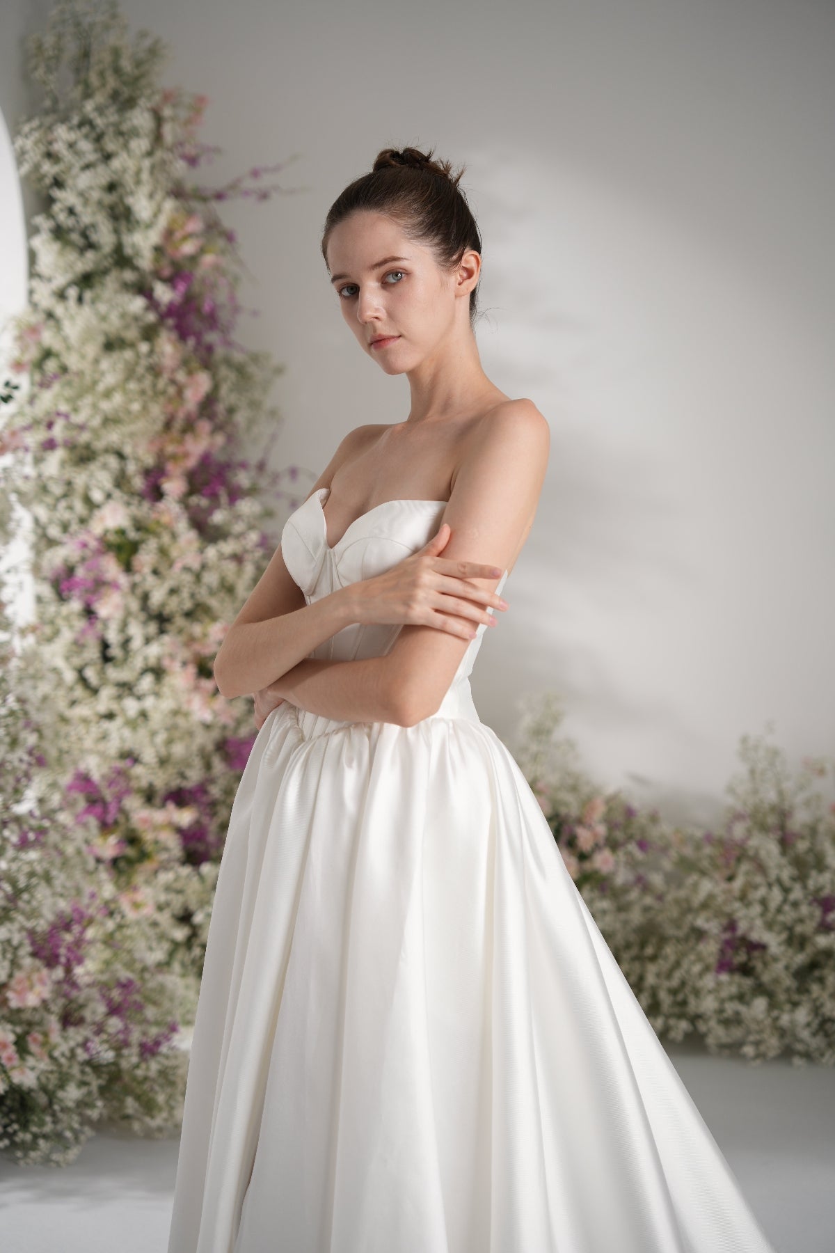 A-line Sweetheart Sleeveless High Slit Satin Modest Wedding Dress With Court Train
