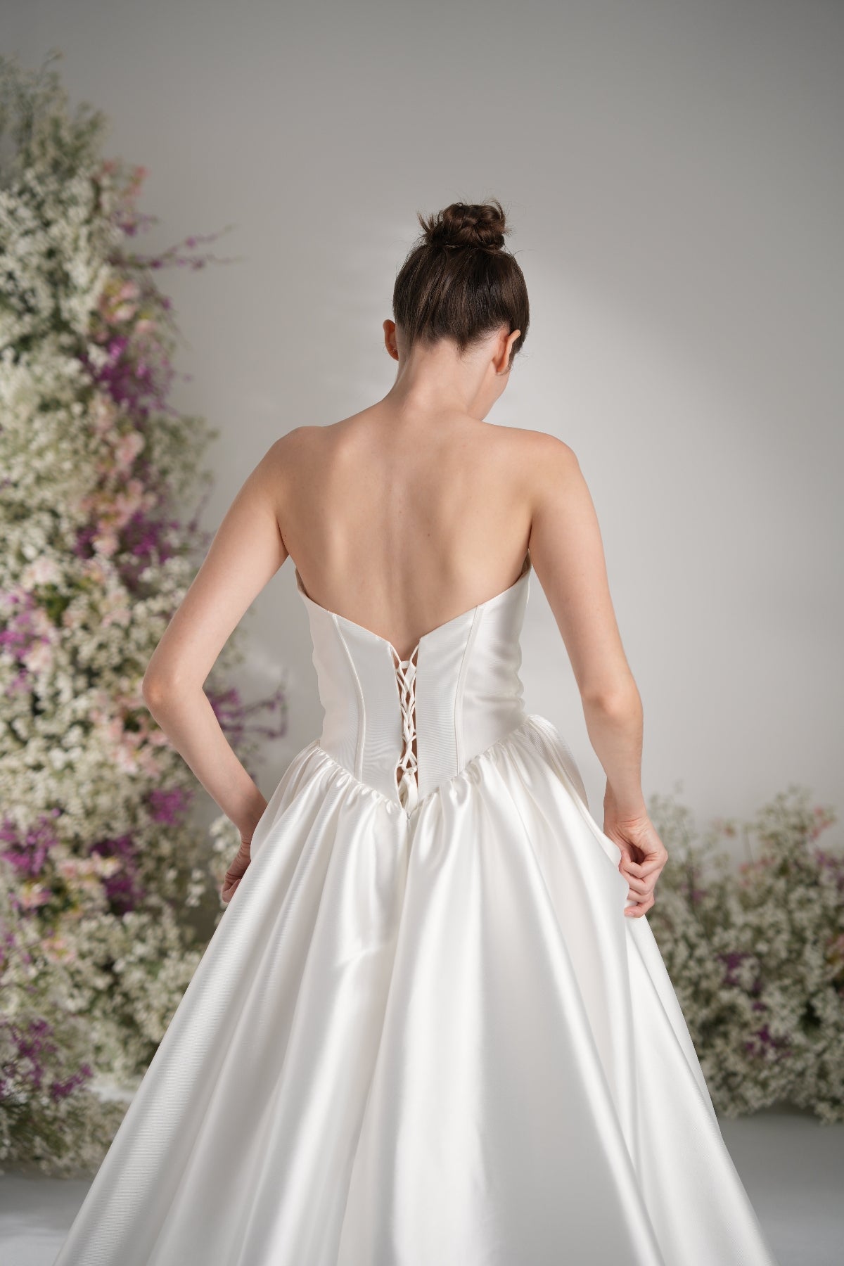 A-line Sweetheart Sleeveless High Slit Satin Modest Wedding Dress With Court Train
