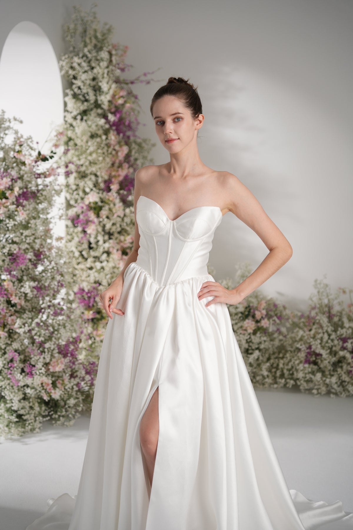 A-line Sweetheart Sleeveless High Slit Satin Modest Wedding Dress With Court Train