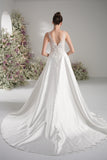 A-line V Neck Sleeveless Lace Satin Simple Wedding Dress With Court Train