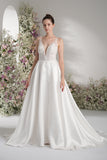 A-line V Neck Sleeveless Lace Satin Simple Wedding Dress With Court Train