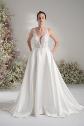 A-line V Neck Sleeveless Lace Satin Simple Wedding Dress With Court Train