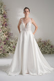 A-line V Neck Sleeveless Lace Satin Simple Wedding Dress With Court Train