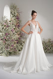 A-line V Neck Sleeveless Lace Satin Simple Wedding Dress With Court Train