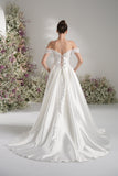 A-line Off-The-Shoulder Beading Lace Ruffles Satin Wedding Dress With Court Train