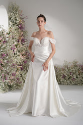 A-line Off-The-Shoulder Beading Lace Ruffles Satin Wedding Dress With Court Train