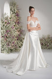 A-line Off-The-Shoulder Beading Lace Ruffles Satin Wedding Dress With Court Train