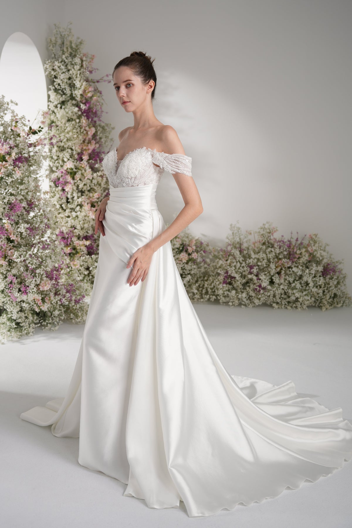 A-line Off-The-Shoulder Beading Lace Ruffles Satin Wedding Dress With Court Train