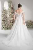 A-line Off-The-Shoulder Luxurious Lace Mesh Wedding Dress With Court Train