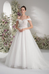 A-line Off-The-Shoulder Luxurious Lace Mesh Wedding Dress With Court Train