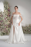 A-line Off-The-Shoulder Ruffles Appliqued Satin Wedding Dress With Court Train