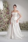A-line Off-The-Shoulder Ruffles Appliqued Satin Wedding Dress With Court Train