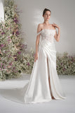 A-line Off-The-Shoulder Ruffles Appliqued Satin Wedding Dress With Court Train