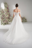 A-line Off-The-Shoulder Sweetheart Full Lace Tulle Wedding Dress With Court Train