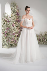 A-line Off-The-Shoulder Sweetheart Full Lace Tulle Wedding Dress With Court Train