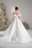 A-line Off-The-shoulder Sleeveless Satin Modest Wedding Dress With Court Train