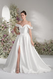 A-line Off-The-shoulder Sleeveless Satin Modest Wedding Dress With Court Train