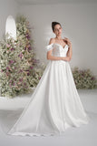A-line Off-The-shoulder Sleeveless Satin Modest Wedding Dress With Court Train