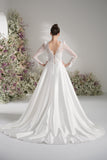 A-line Queen Anne Long Sleeve Lace High Slit Satin Elegant Wedding Dress With Court Train