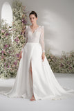 A-line Queen Anne Long Sleeve Lace High Slit Satin Elegant Wedding Dress With Court Train