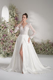 A-line Queen Anne Long Sleeve Lace High Slit Satin Elegant Wedding Dress With Court Train