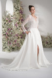 A-line Queen Anne Long Sleeve Lace High Slit Satin Elegant Wedding Dress With Court Train