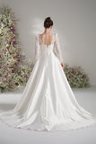 A-line Queen Neckline Long Sleeve Lace Applique Satin Wedding Dress With Court Train