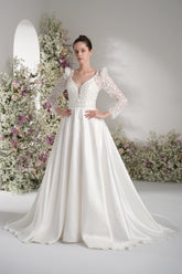 A-line Queen Neckline Long Sleeve Lace Applique Satin Wedding Dress With Court Train
