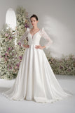 A-line Queen Neckline Long Sleeve Lace Applique Satin Wedding Dress With Court Train