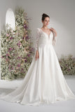 A-line Queen Neckline Long Sleeve Lace Applique Satin Wedding Dress With Court Train