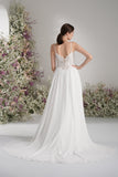 A-line Spaghetti Strap Deep V Sleeveless Lace Applique Wedding Dress With Court Train
