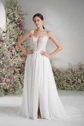 A-line Spaghetti Strap Deep V Sleeveless Lace Applique Wedding Dress With Court Train