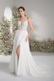 A-line Spaghetti Strap Deep V Sleeveless Lace Applique Wedding Dress With Court Train