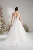 A-line Spaghetti Strap Sweetheart Sleeveless Lace Elegant Wedding Dress With Court Train